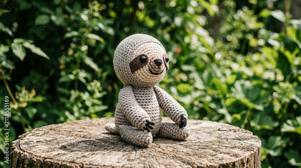 Fototapeta premium Cute crocheted sloth toy sitting peacefully on a wooden stump in a lush green garden.
