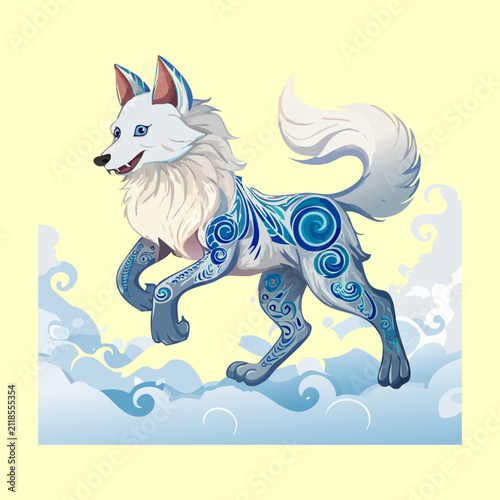 Obraz na plátne Mystical elemental wolf running vector illustration featuring blue wind energy p