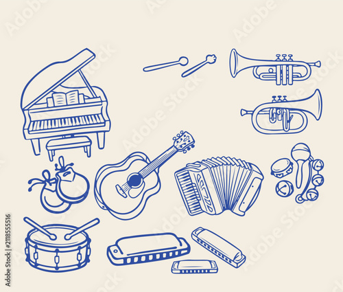 Photography Vintage hand drawn musical instruments set, blue line art music icons collection