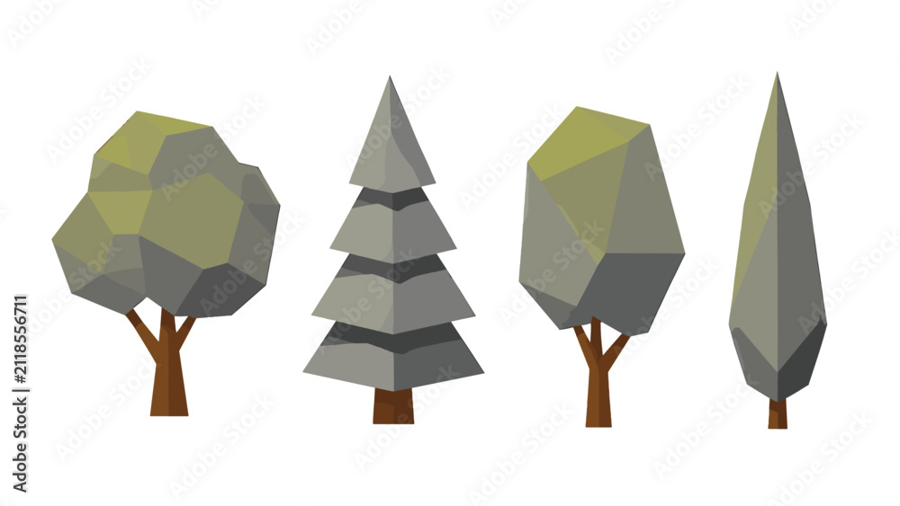 Obraz premium Set of low poly geometric trees isolated on white background
