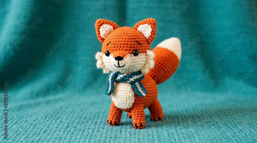Naklejka premium Adorable handmade crochet fox toy with a cute striped scarf, a charming woodland friend.