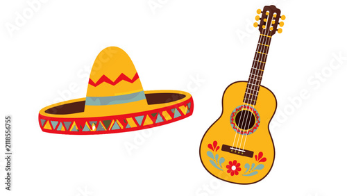 фотографія Colorful sombrero and acoustic guitar vector illustration