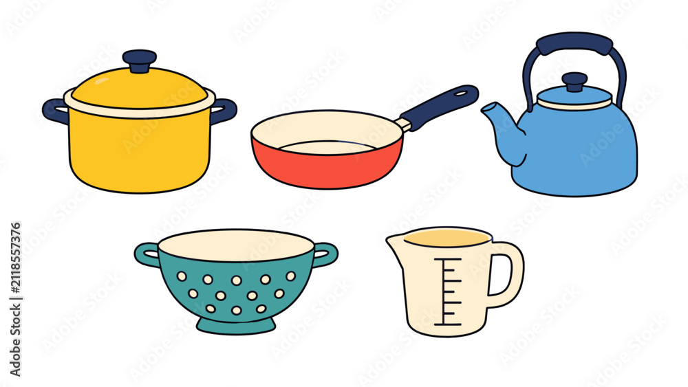 Fototapeta premium Colorful kitchen cookware set with pot pan kettle colander jug