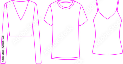 Obraz na plátne Set of three different clothing items: long sleeve V-neck top, t-shirt, and cami