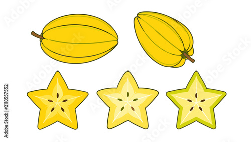 Foto Whole and sliced yellow star fruit vector set on white