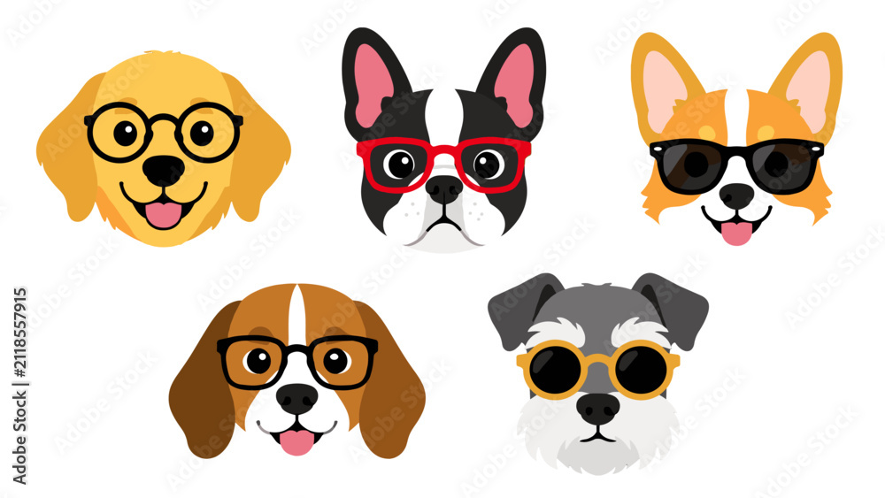 Obraz premium Set of cartoon dog faces wearing glasses and sunglasses