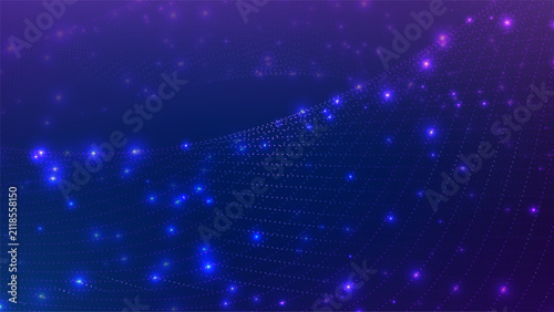 Abstract technology background with glowing particle wave, dotted digital mesh and neon blue purple gradient. Futuristic data network bg with light connection and copy space. Vector illustration