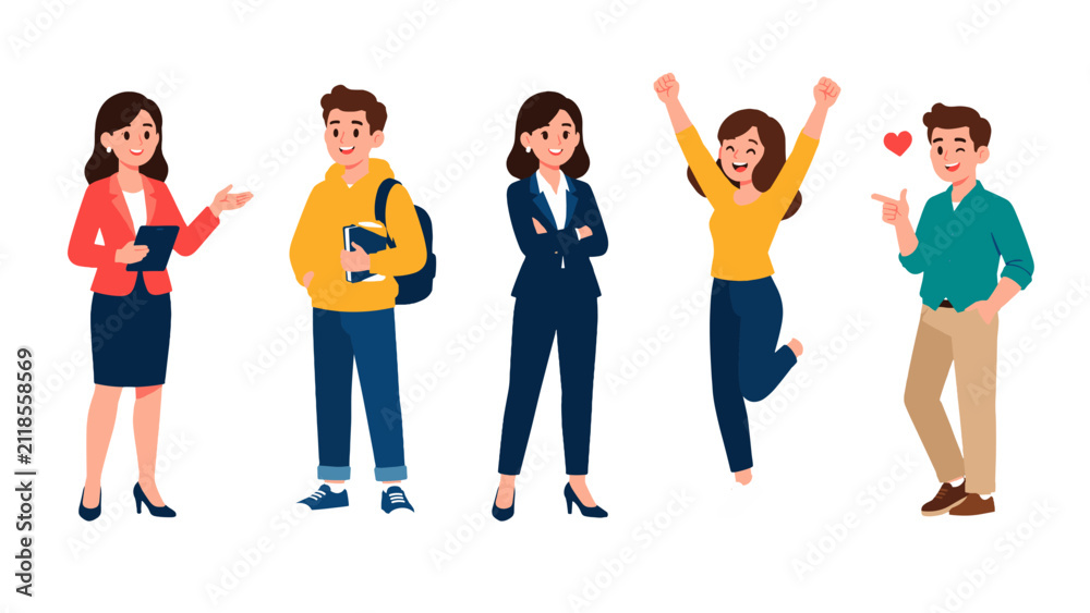 Obraz premium Cartoon group of smiling business and student characters