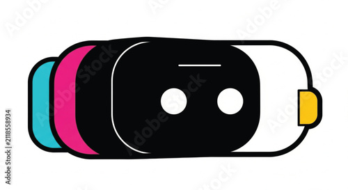 Abstract geometric shapes with bold black outlines and flat shading in vibrant colors: teal, pink, and black