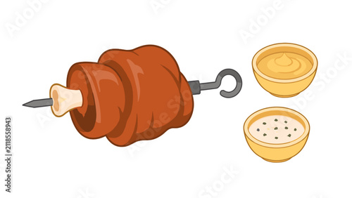 Quadro su tela Roasted meat on skewer with dipping sauces vector illustration