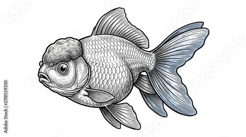 Oranda goldfish engraving in detailed stipple style.