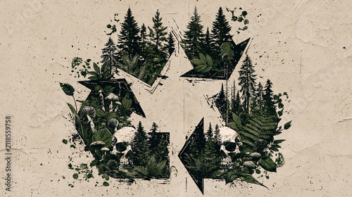 Recycle Symbol with Forest and Skulls: A powerful artistic depiction of the universal recycling symbol, ingeniously filled with dense forest imagery, mushrooms, and morbid skull elements.