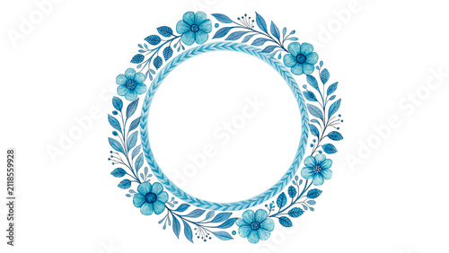 Konstfotografi Beautiful symmetric round blue floral frame border isolated on transparent backg