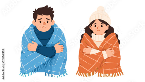 Fotografía Two cold people wrapped in blankets wearing winter clothes