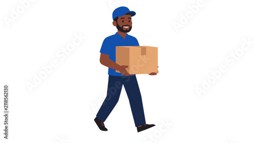 Canvas Print Smiling delivery worker carrying cardboard box illustration