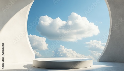 3D render of a podium with a blue sky and white clouds background. Minimal showcase stage pedestal, a mockup for product presentation.