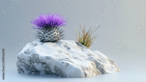 3D render of a purple thistle flower growing on top of a white rock, isolated on a clear background.
