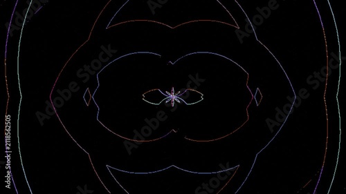 Symmetrical neon rainbow geometric circular light patterns in dark black void abstract art designs suitable for modern backgrounds.