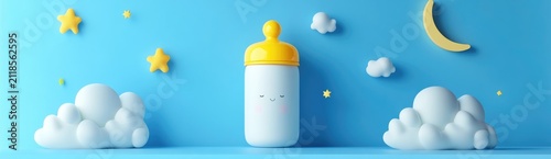 3D rendering of a baby bottle with a yellow lid and a white body, in a cartoon style, with a moon and stars in the background