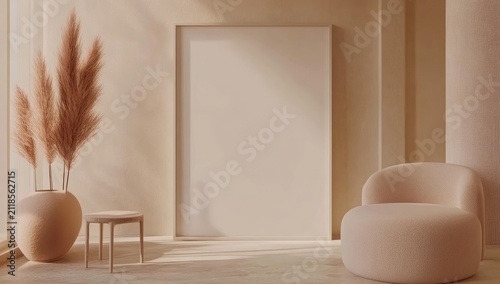3D rendering of a large blank frame mockup on the wall in a modern, minimalistic interior with light colors. Close-up.