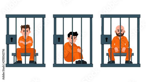 Bild auf Leinwand Three prisoners sitting behind bars in separate jail cells