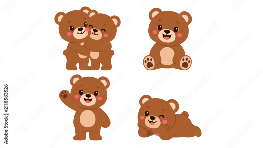 Fototapeta premium Cute cartoon brown bears in four playful pose illustrations
