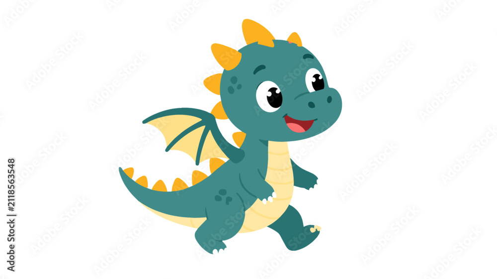 Fototapeta premium Cute cartoon baby dragon character with wings and yellow spikes