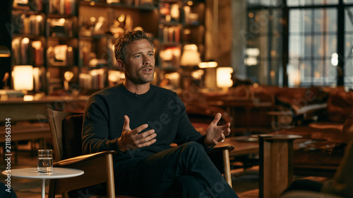 Man in Thought: A man sits thoughtfully in a cozy, book-lined room, gesturing with his hands as he speaks, conveying a sense of contemplation and intellectual engagement.