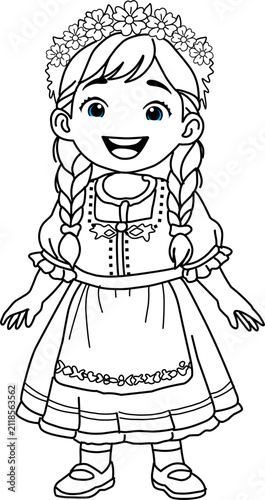 Cute European Girl Wearing Traditional Folk Costume Cartoon Vector Illustration