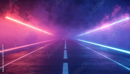 3D rendering of an empty asphalt road with neon lights and a smoky background. An abstract night scene with blue and pink light rays