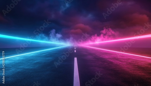3D rendering of an empty asphalt road with neon lights and a smoky background. An abstract night scene with blue and pink light rays