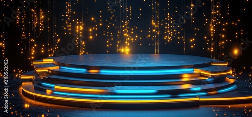 3D rendering of an empty circular stage with blue and yellow neon lights on a dark background, a futuristic geometric abstract scene, an empty room with a wood floor