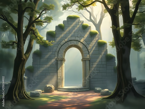 Ancient Stone Church Entrance in Park with Medieval Architecture, Historic Arch Doorway and European Religious Monument in Morning Light