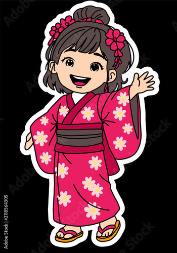 Cute Japanese Girl Wearing Pink Kimono Waving Hand Cartoon Character Vector Illustration