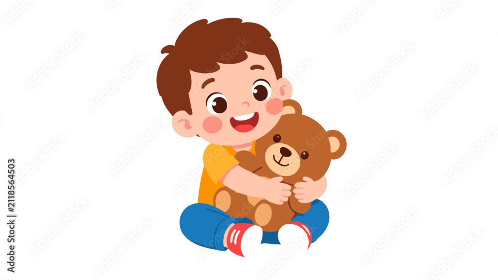 Fototapeta premium Cute little boy hugging a teddy bear cartoon vector illustration
