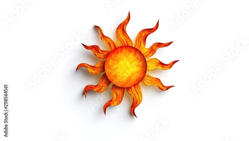 3D sun clipart on a white background, with flames around the sun, in a top-down view.