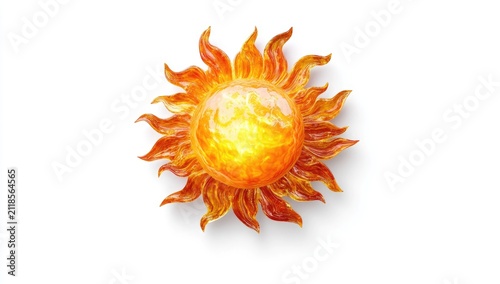 3D sun clipart on a white background, with flames around the sun, in a top-down view.