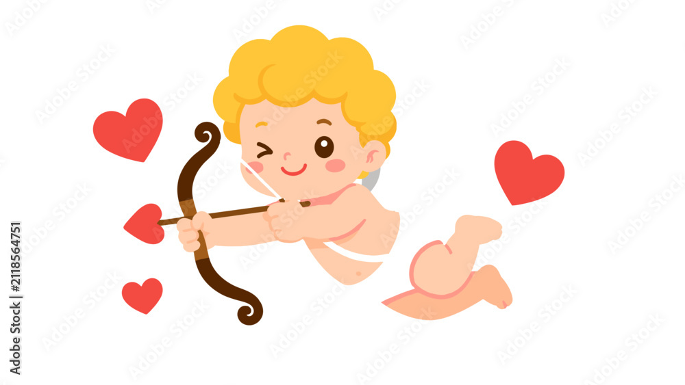 Fototapeta premium Cute cupid angel with bow and arrow and red hearts