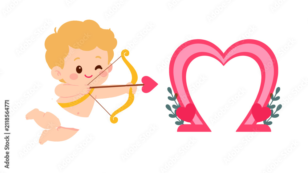 Fototapeta premium Cute cupid cartoon aiming arrow at pink heart frame