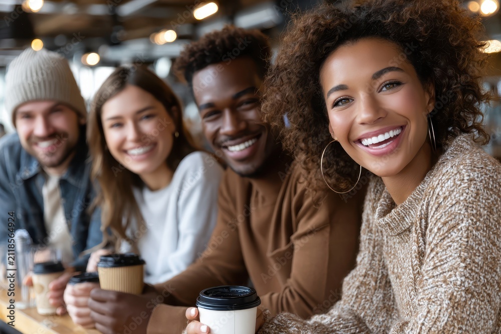 Obraz premium Friends enjoying coffee at a cozy cafe on a weekend afternoon