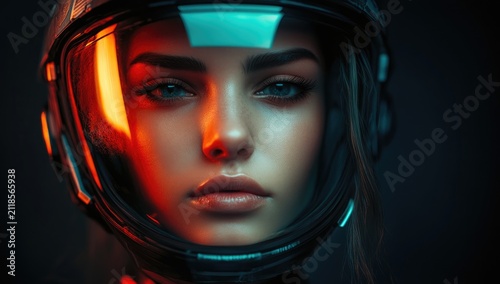 A beautiful woman in the style of Cyberpunk, portrait, close-up, black background