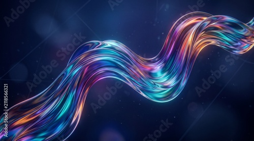 Abstract Fluid Wave Shape 3D Render with Glassy Vibrant Colors and Modern Blue Background for Digital Art and Design