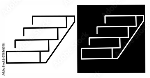 Minimalist staircase icon with ascending steps in black and white line art, ideal for architecture, construction, navigation, interior design, and building projects