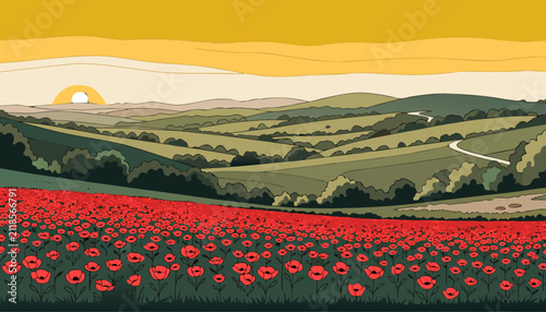 Fotografie Very beautiful realistic landscape of endless scarlet poppy flowers covering a peaceful meadow under a colorful evening sky with dramatic clouds and warm sunlight illuminating the entire countryside