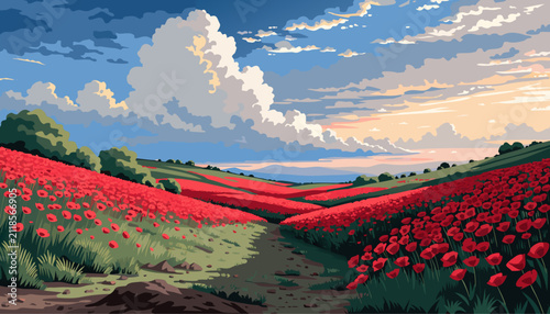 Obraz na płótnie Very beautiful realistic landscape of endless scarlet poppy flowers covering a peaceful meadow under a colorful evening sky with dramatic clouds and warm sunlight illuminating the entire countryside