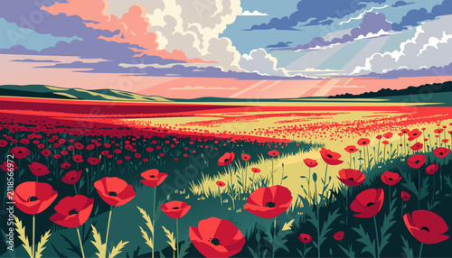 фотографія Very beautiful realistic landscape of endless scarlet poppy flowers covering a peaceful meadow under a colorful evening sky with dramatic clouds and warm sunlight illuminating the entire countryside
