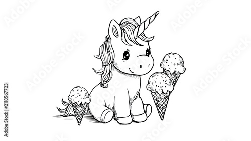 cute unicorn with ice cream cones fantasy animal coloring illustration isolatted on white background 
