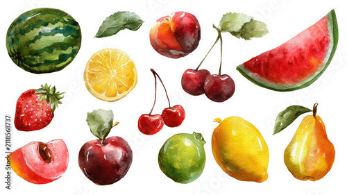 Fresh Fruit Collection Set Isolated on White Background with Apple Orange Banana Pear Kiwi Lemon Strawberry Pineapple Watermelon Melon Peach and Citrus Collage

