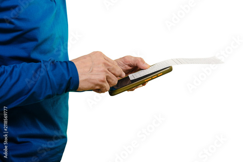 Obraz na płótnie Man scanning receipt with smartphone, closeup of hands pointing at screen and ho
