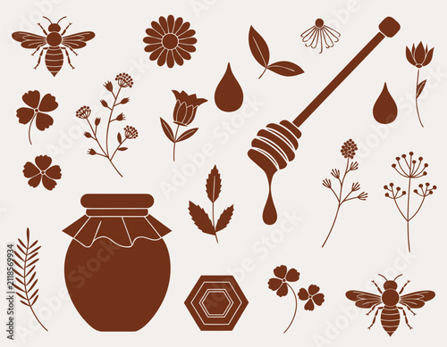 Hand Drawn Honey and Beekeeping Elements Vector Set with Bees Honey Jar and Honeycomb